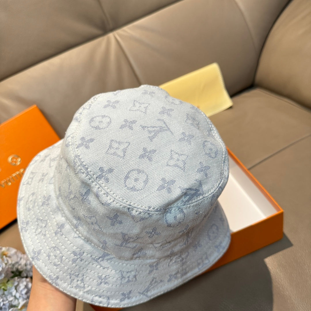 Louis Vuitton bucket cap in light blue with monogram print, back view