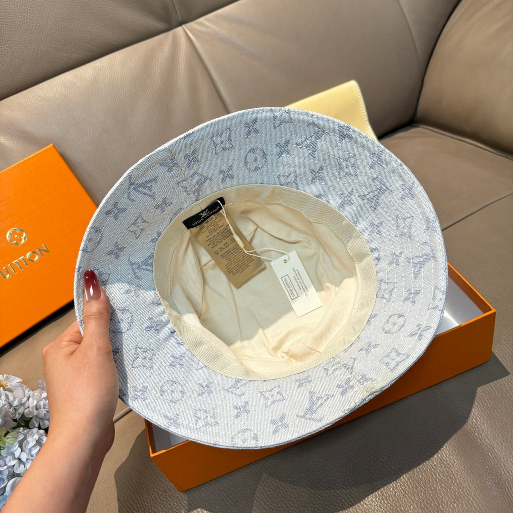 Louis Vuitton bucket cap interior view with monogram exterior, inside lining visible