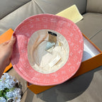 Louis Vuitton pink monogram bucket hat, underside view with interior tags
