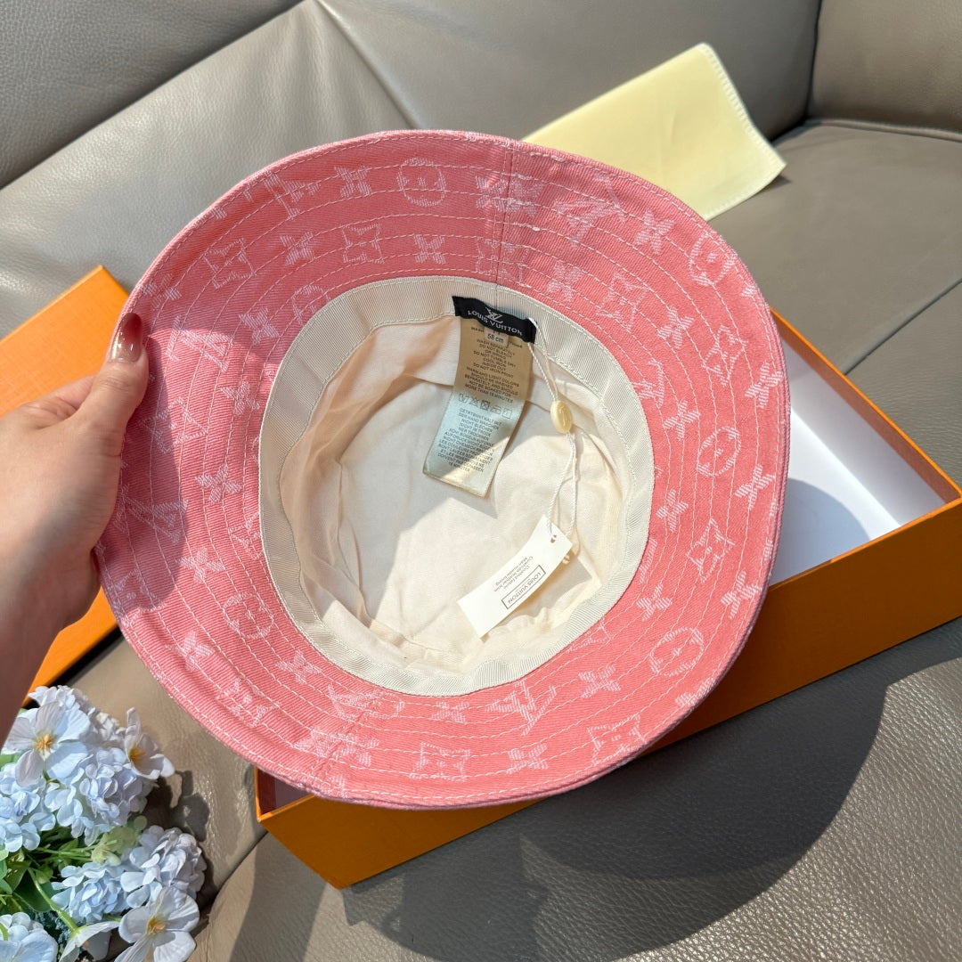 Louis Vuitton pink monogram bucket hat, underside view with interior tags