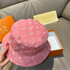 Louis Vuitton pink monogram bucket hat, back view with curved brim