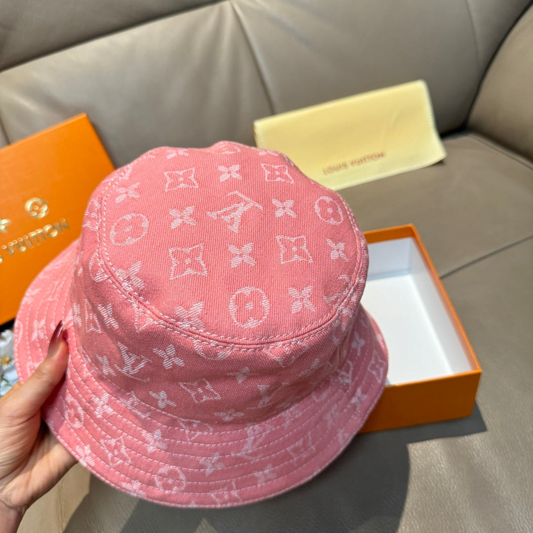 Louis Vuitton pink monogram bucket hat, back view with curved brim