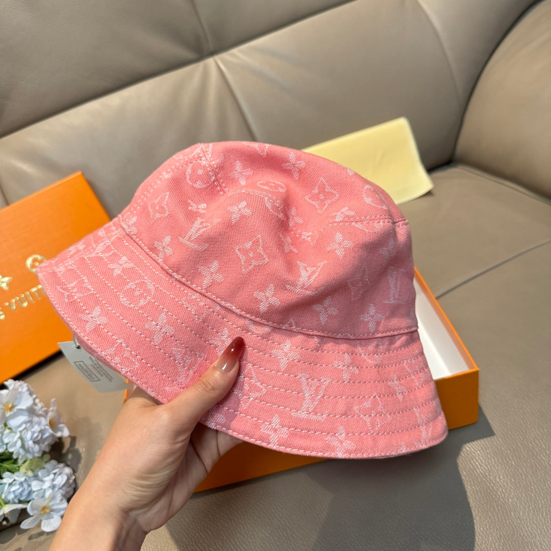 Louis Vuitton pink monogram bucket hat, top view with stitched band detail