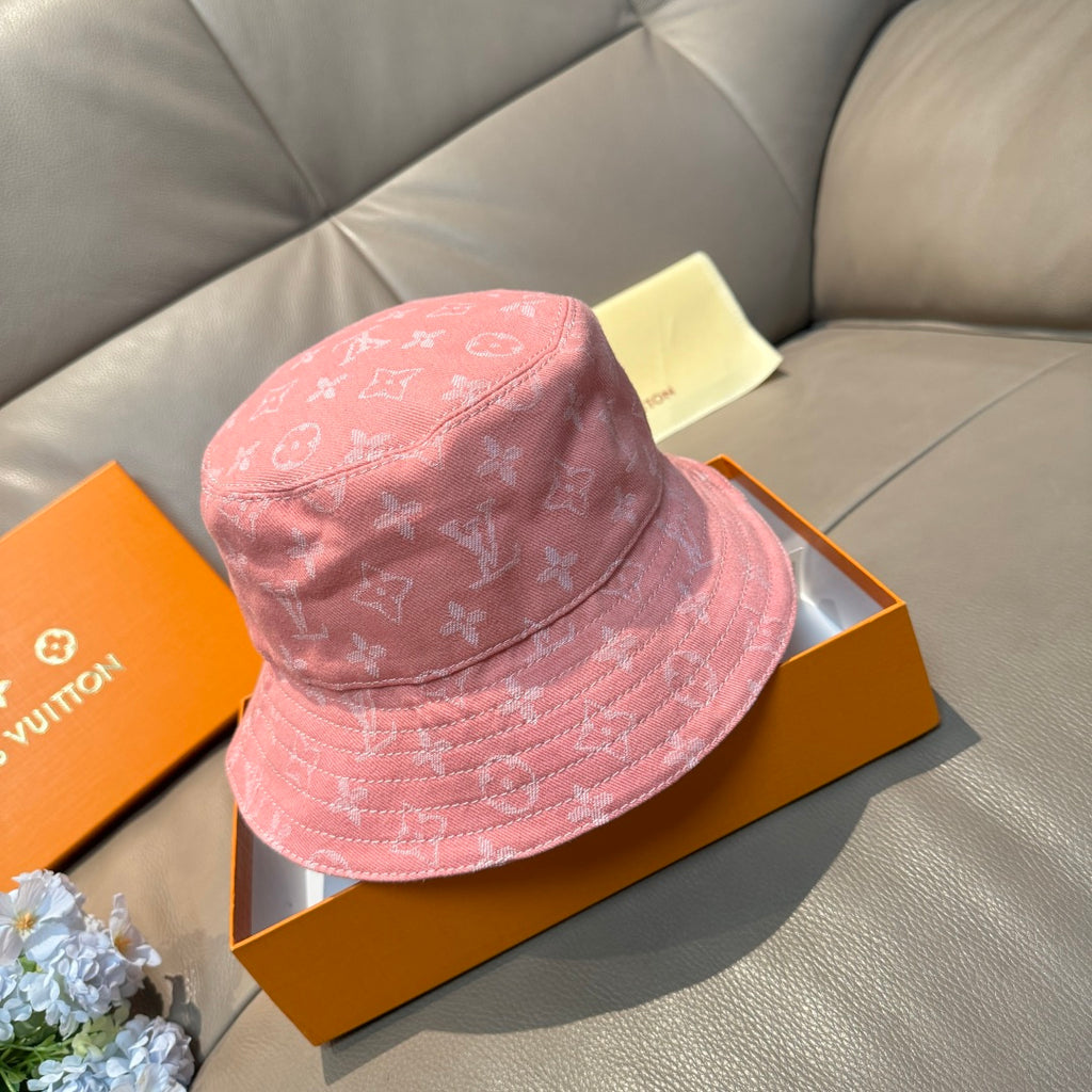 Louis Vuitton pink monogram bucket hat with stitched brim and crown seams