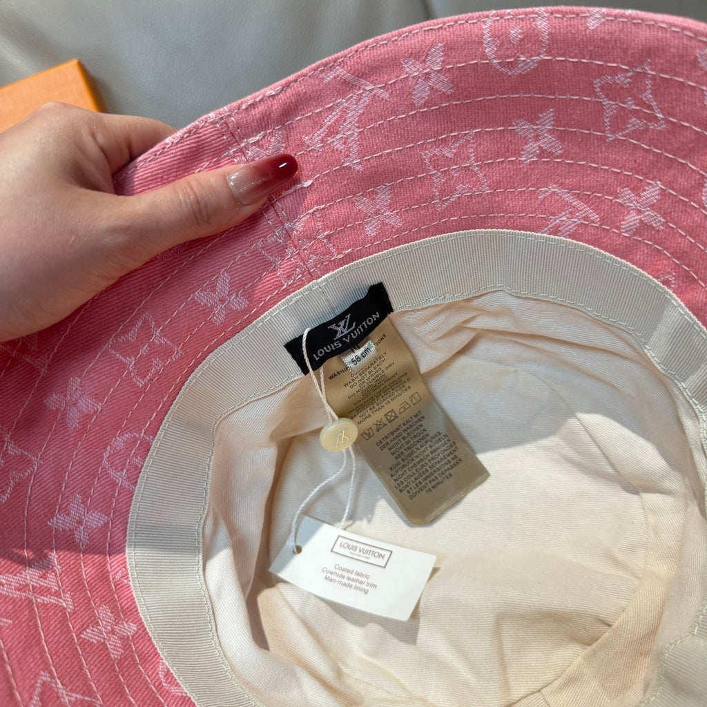 Louis Vuitton pink monogram bucket hat interior lining with size and brand tags
