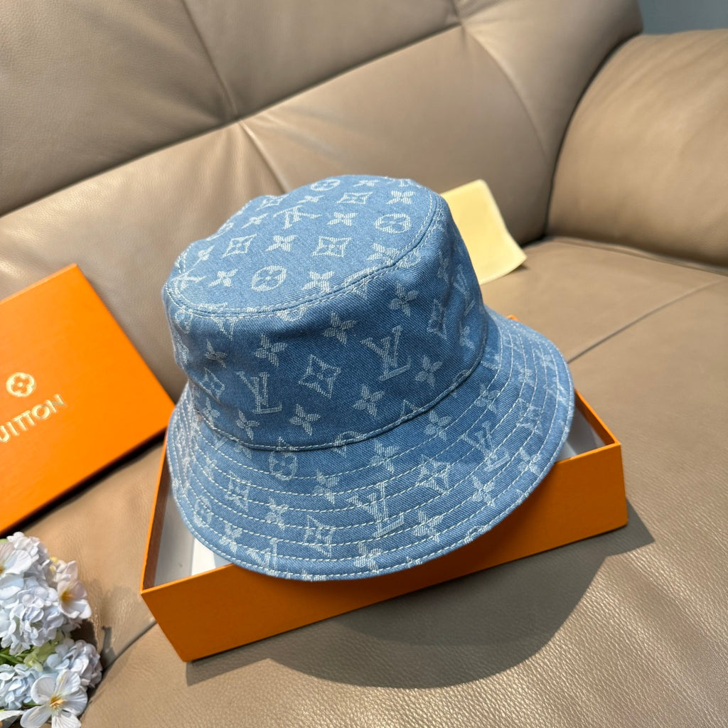 Louis Vuitton blue monogram bucket hat with wide brim and stitched band