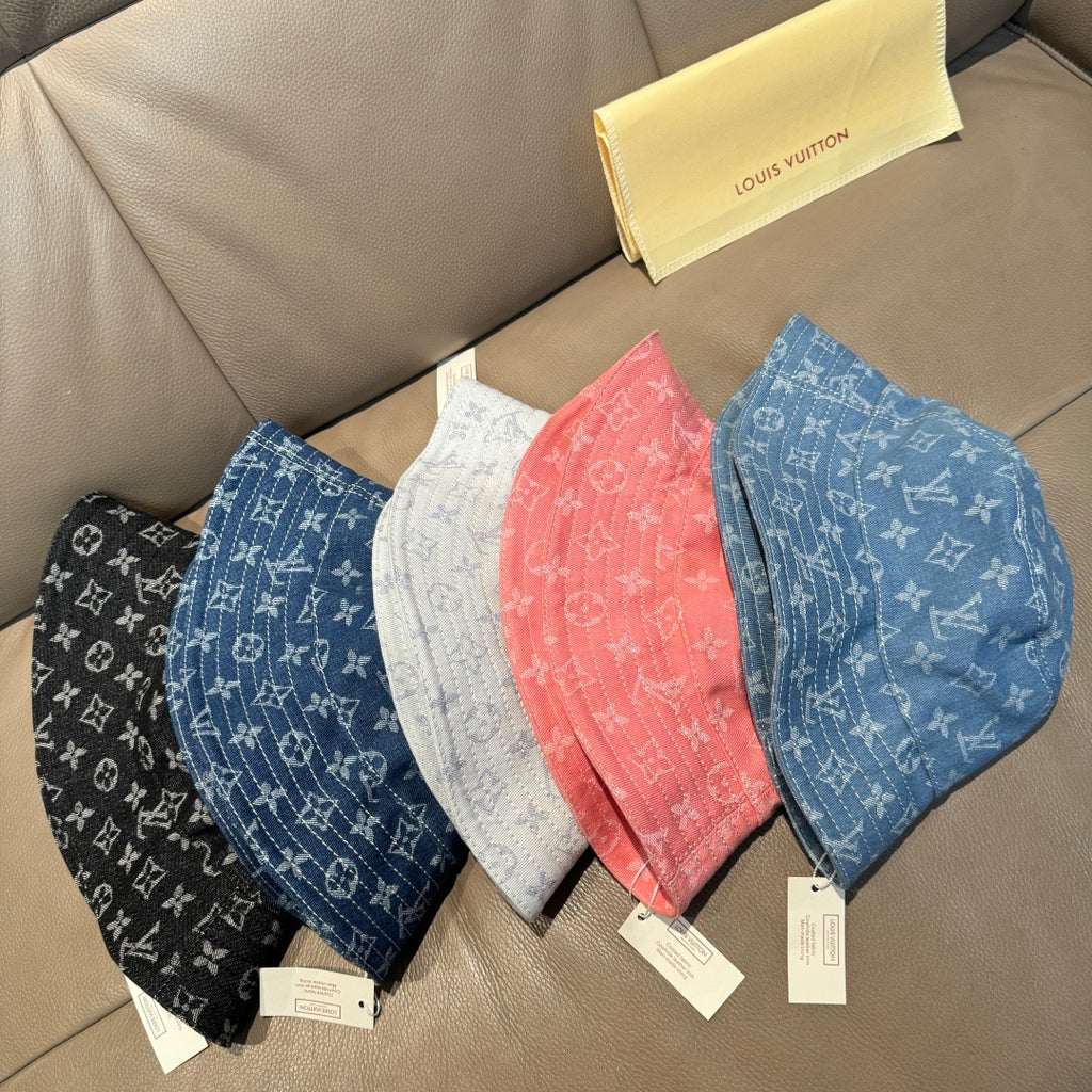Louis Vuitton bucket caps set: black, white, pink, and blue monogram prints
