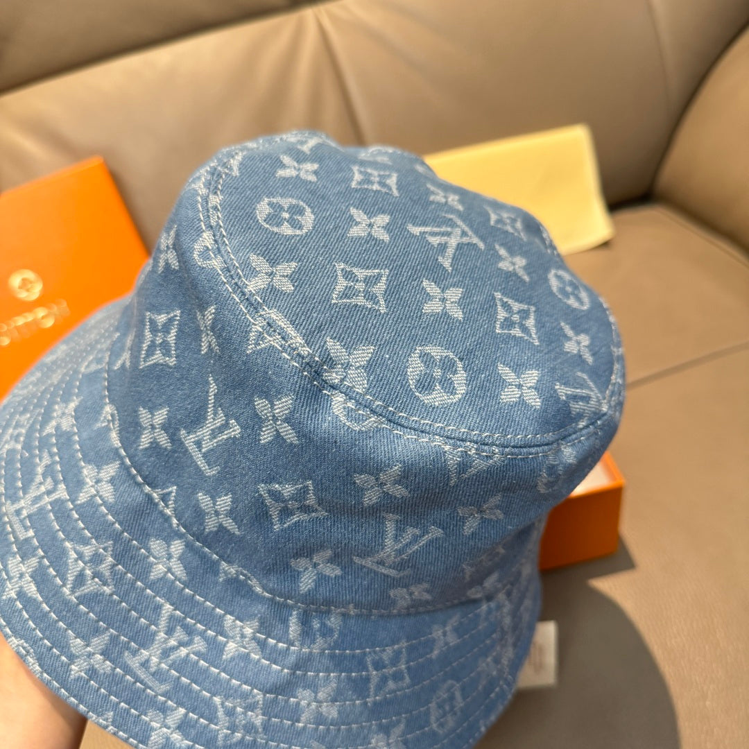 Louis Vuitton blue monogram bucket hat, top view showing patterned stitch lines