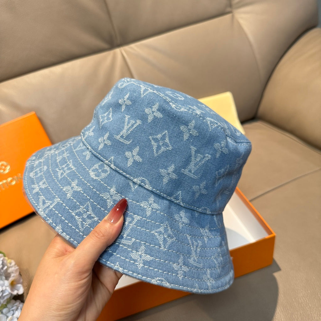 Louis Vuitton blue monogram bucket hat with front flap seam detail