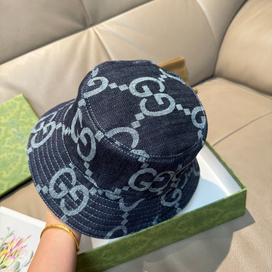 Gucci cap back/side view in dark blue denim with white GG monogram print