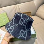 Gucci cap side view in dark blue denim with white GG monogram pattern