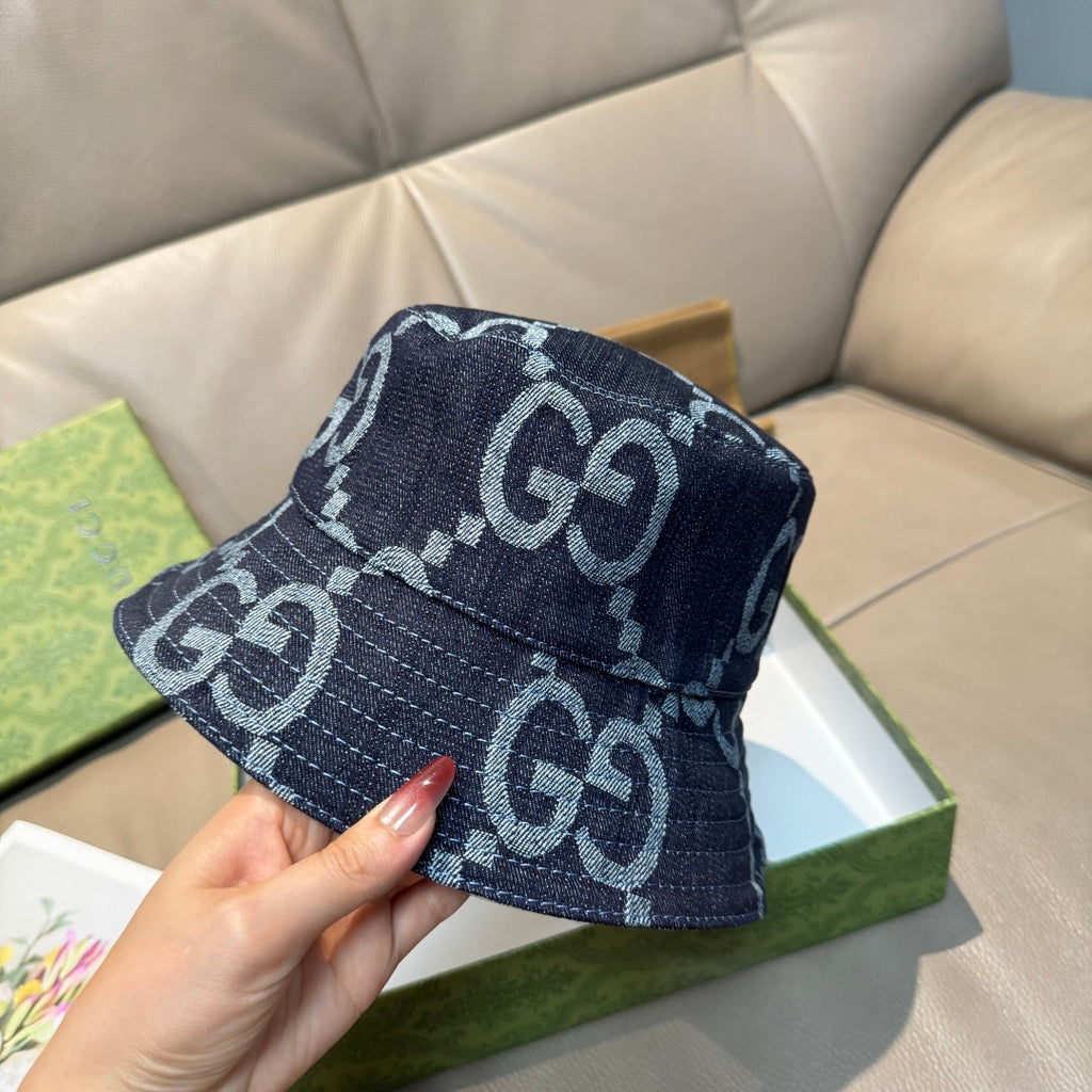 Gucci cap in dark blue denim with white GG monogram pattern, front view