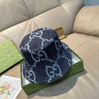 Gucci cap with dark blue denim look and allover white GG monogram print