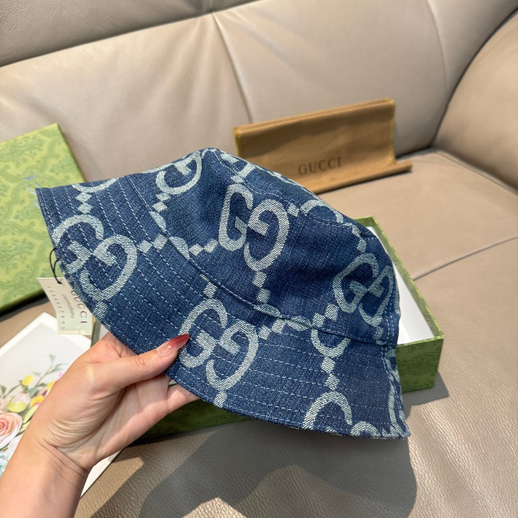 Denim bucket hat with GG monogram pattern, blue, folded brim side view