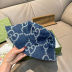 Denim bucket hat with GG monogram pattern, blue, folded brim side view