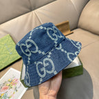 Denim bucket hat with GG monogram pattern, blue, front panel close-up