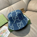 Denim bucket hat with GG monogram pattern in blue, light contrast stitching