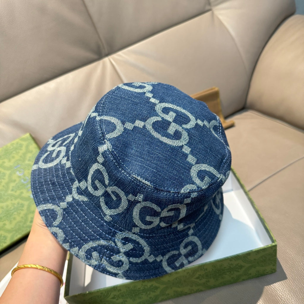 Denim bucket hat with GG monogram pattern, blue, rear panel view