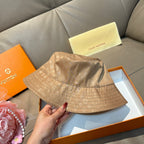 Louis Vuitton bucket hat beige monogram canvas, front view with stitched brim