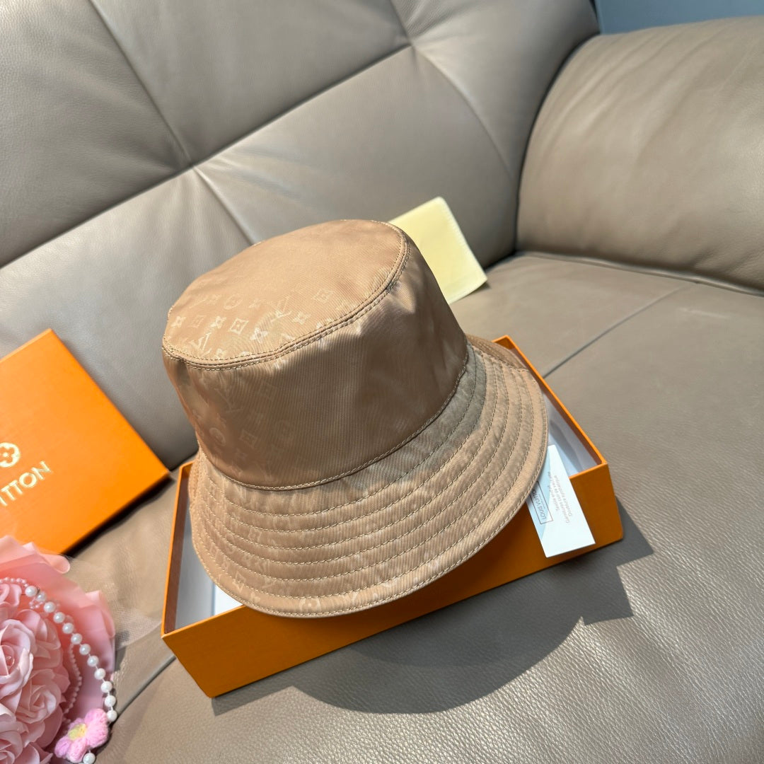 Louis Vuitton bucket hat beige monogram canvas, top view with curved crown