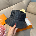 Louis Vuitton monogram bucket hat, dark blue denim look, wide brim, stitched band