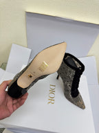 Women’s ankle boot with monogram upper, pointed toe, stiletto heel; Dior insole