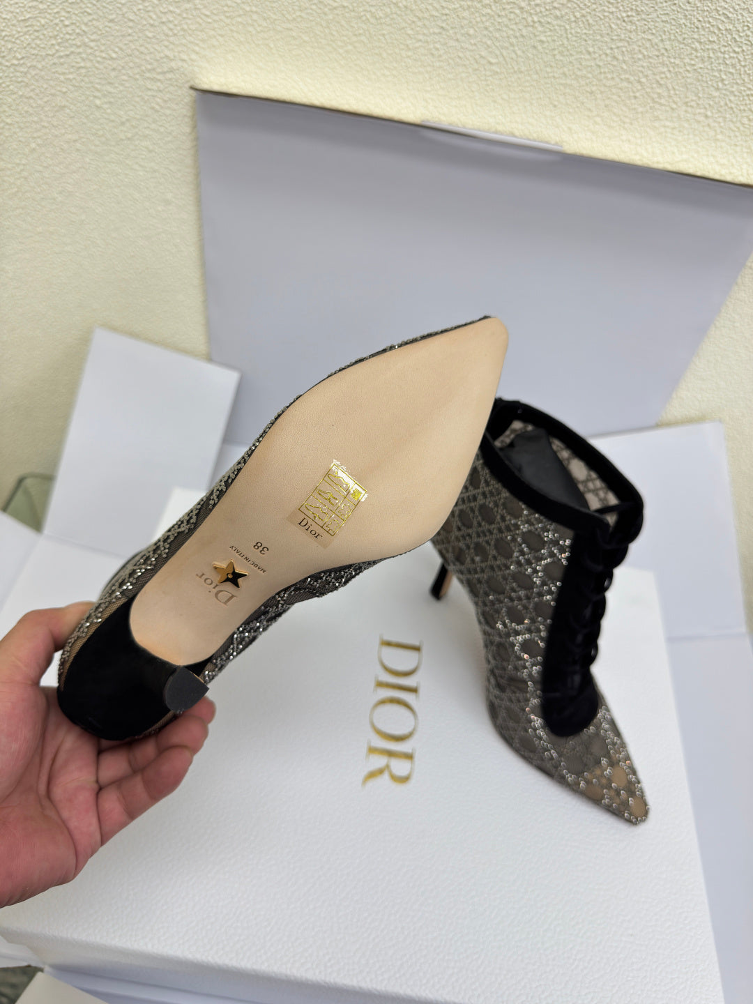 Women’s ankle boot with monogram upper, pointed toe, stiletto heel; Dior insole
