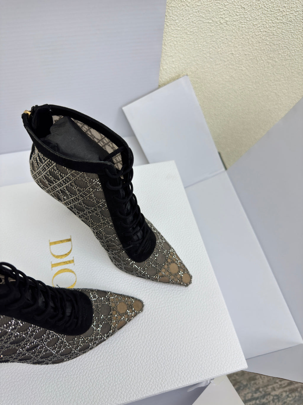 Women’s lace-up monogram ankle boot, pointed toe, stiletto heel
