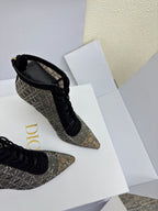 Women’s lace-up monogram ankle boot, pointed toe, stiletto heel