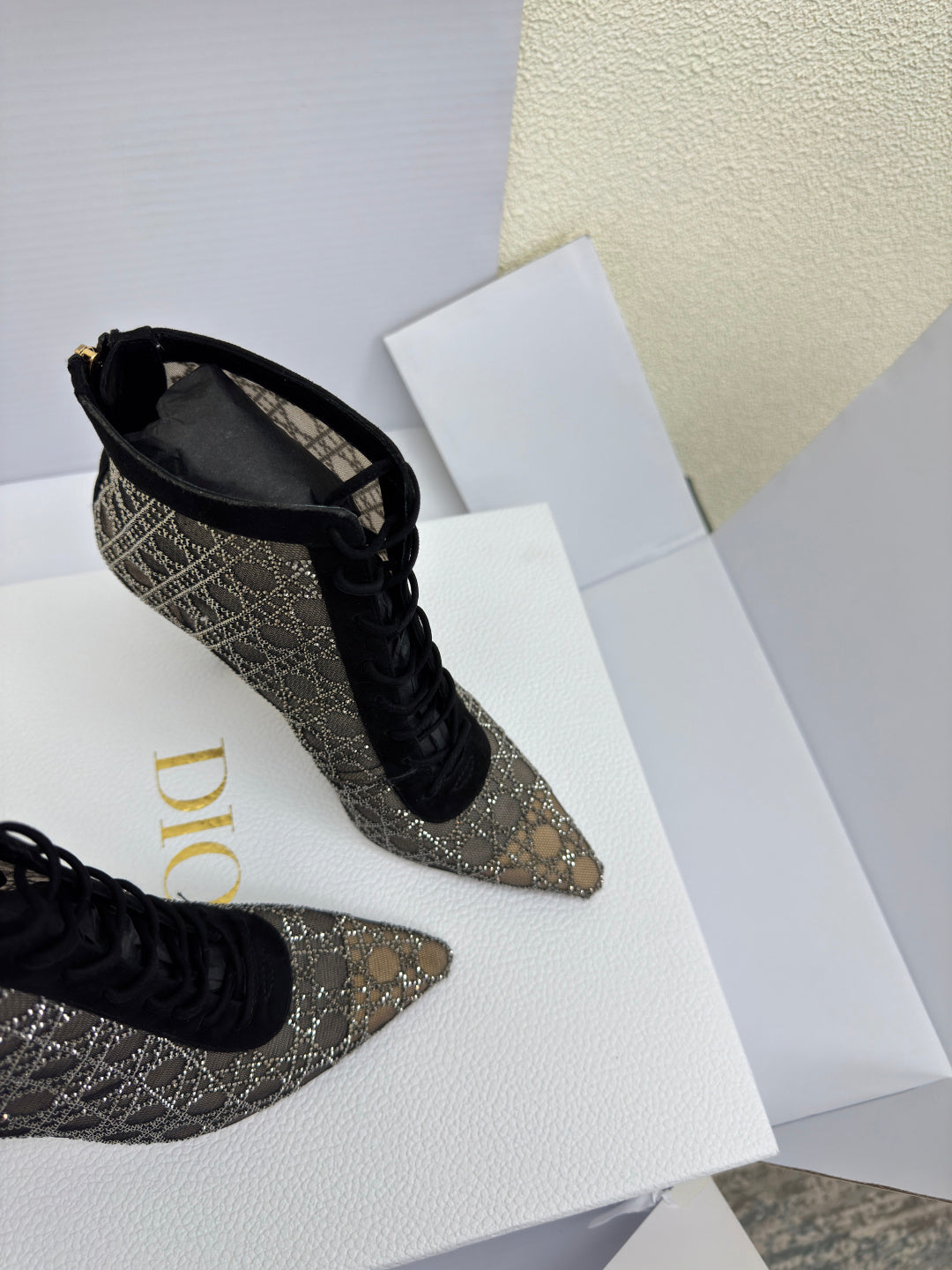 Women’s lace-up monogram ankle boot, pointed toe, stiletto heel