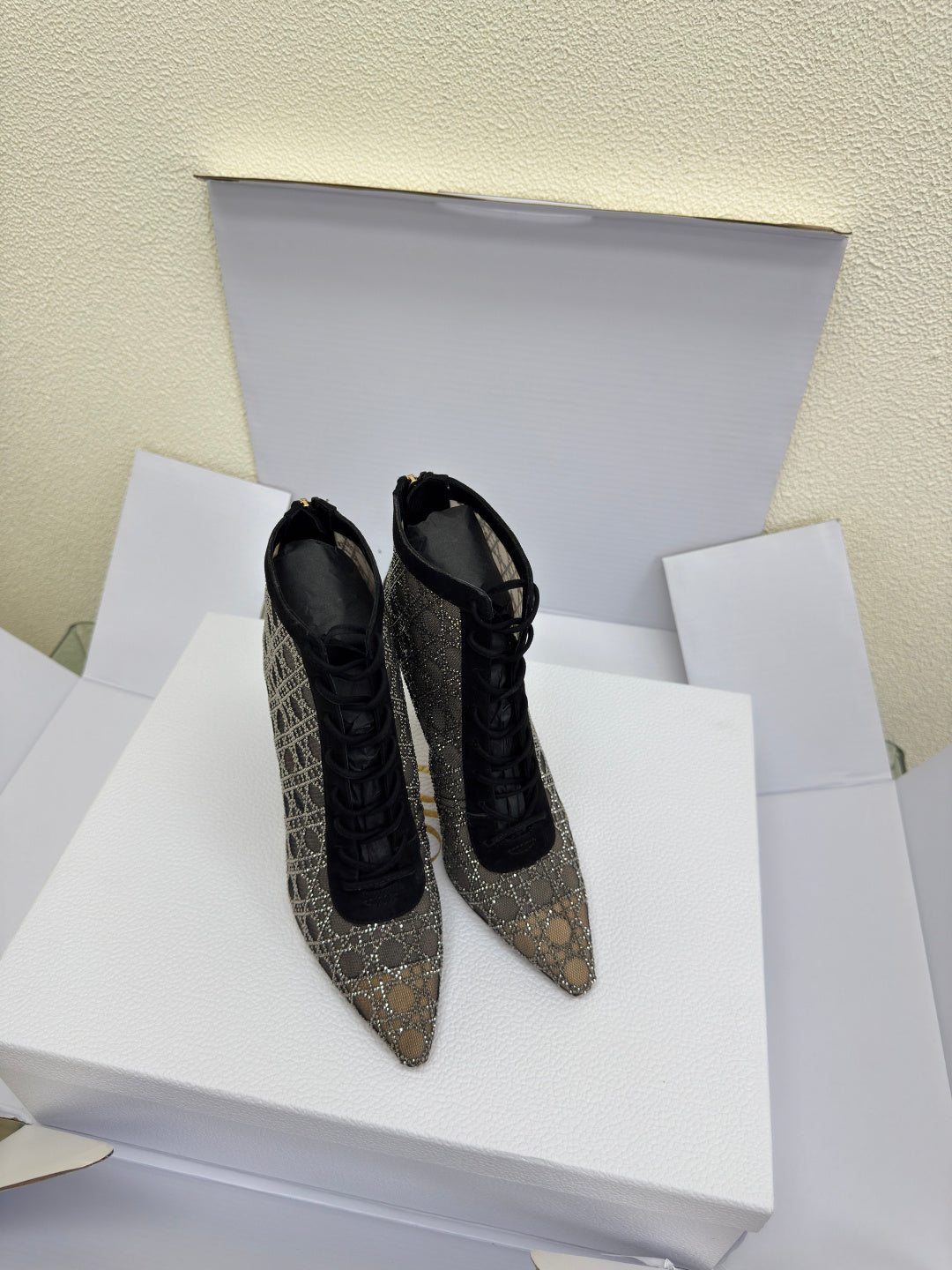 Women’s lace-up ankle boots with Dior monogram, pointed toe, stiletto heel