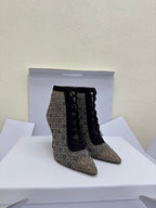 Women’s lace-up ankle boots with monogram upper, pointed toe, stiletto heel