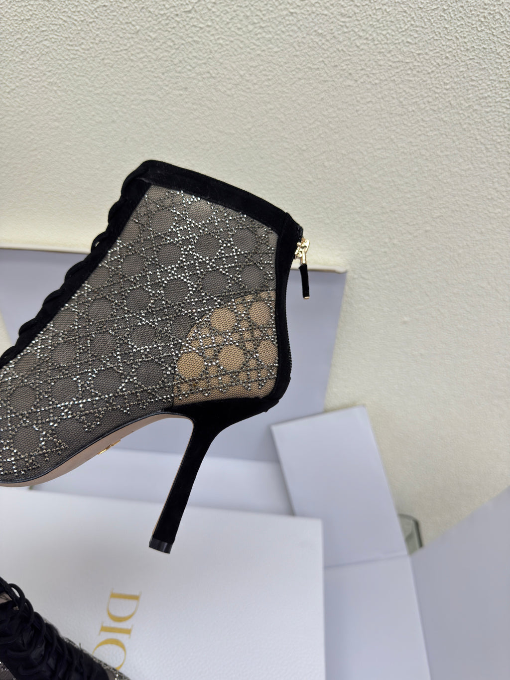 Women’s monogram ankle boot upper with lace trim, pointed toe, stiletto heel