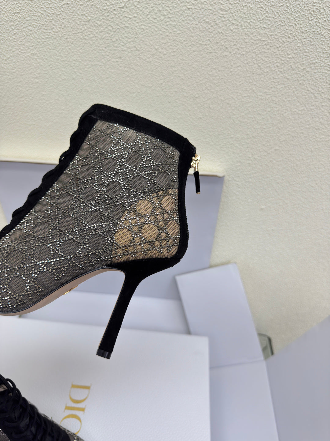 Women’s monogram ankle boot upper with lace trim, pointed toe, stiletto heel