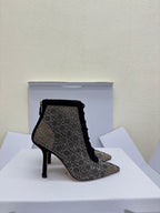 Women’s lace-up ankle boots with monogram print, pointed toe, stiletto heel