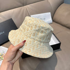 Dior bucket cap, light tan patterned cloth with stitched brim and crown