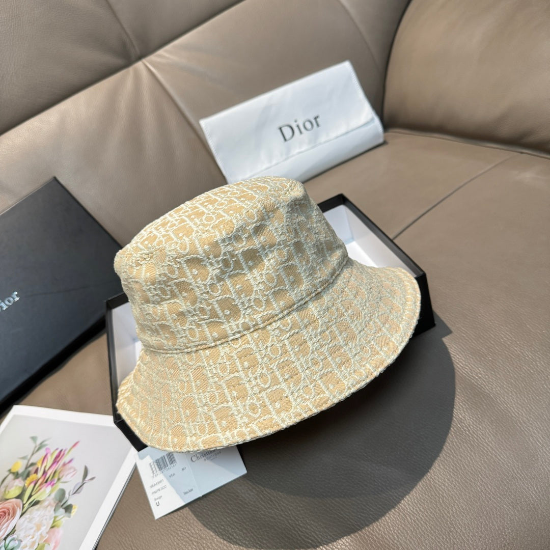Dior bucket hat in light tan monogram fabric with wide brim