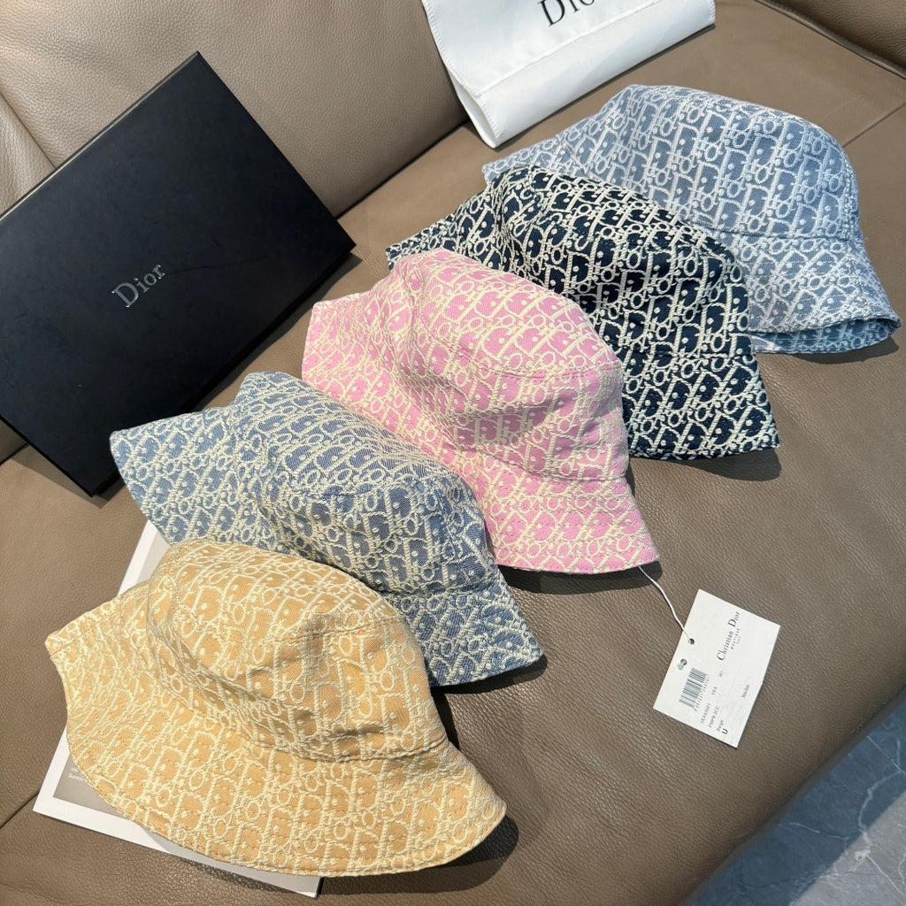 Dior bucket hat set of three: blue, pink, and yellow monogram prints