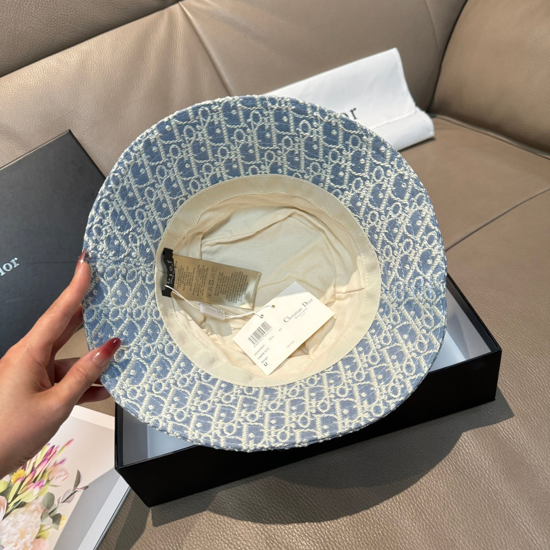 Dior bucket hat in light blue; underside view showing inner label