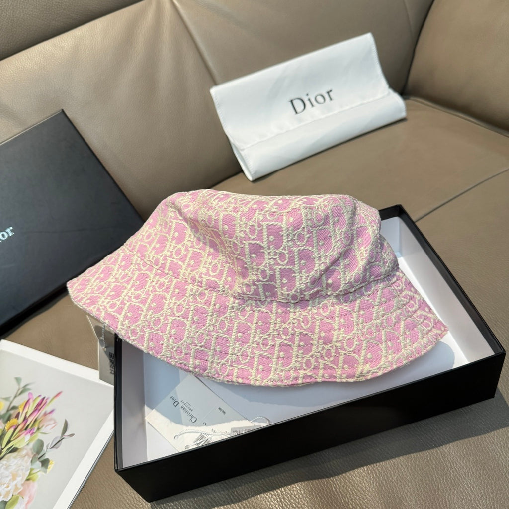 Dior pink monogram bucket hat with wide brim and side view