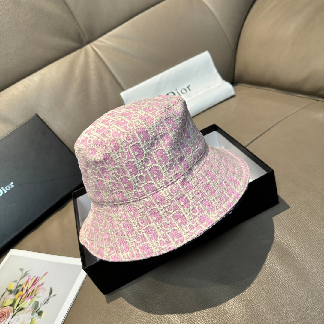 Dior bucket hat, pink and white monogram jacquard with wide brim