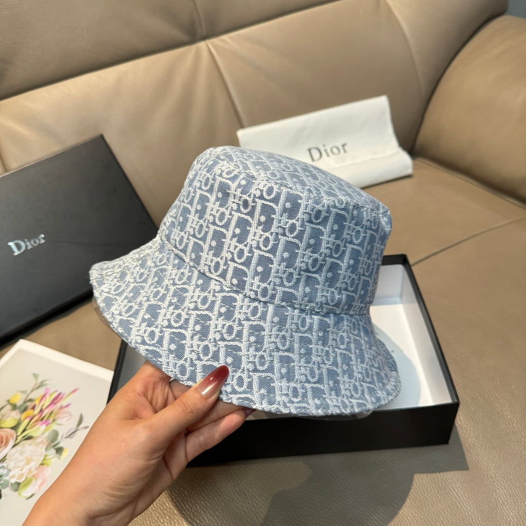 Dior monogram bucket cap in light blue with white all-over print, side view