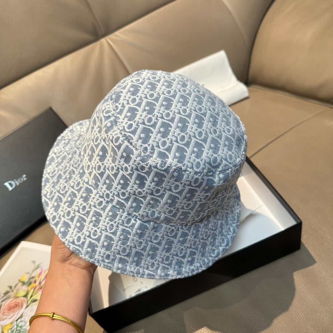 Dior monogram bucket cap in light blue with white all-over pattern, back view