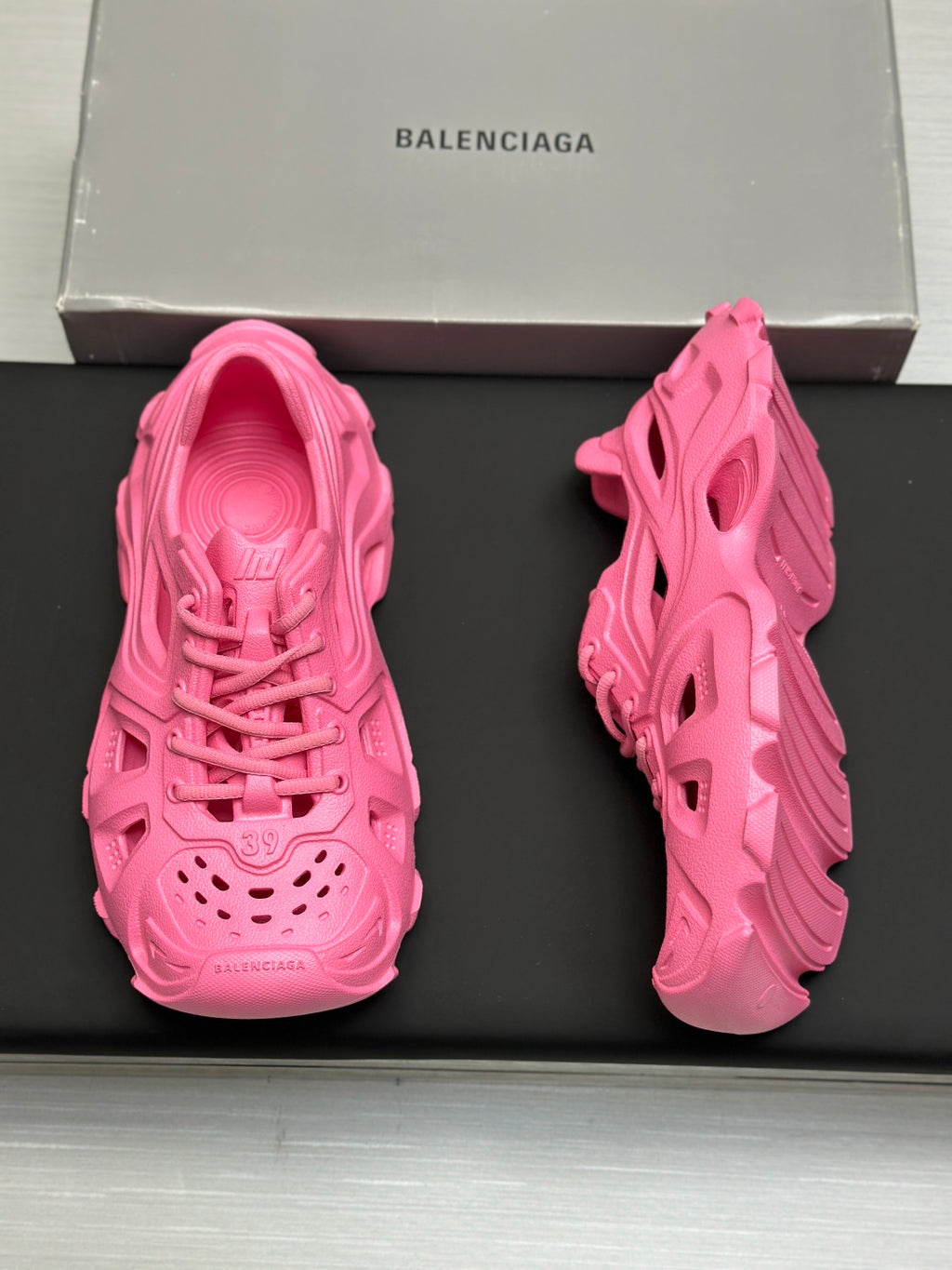 Balenciaga pink lace-up chunky sandals, front and back view on display box