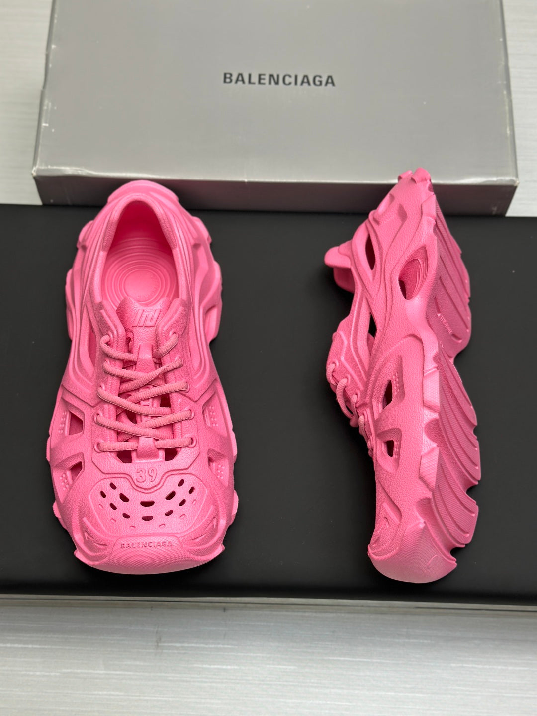 Balenciaga pink lace-up chunky sandals, front and back view on display box