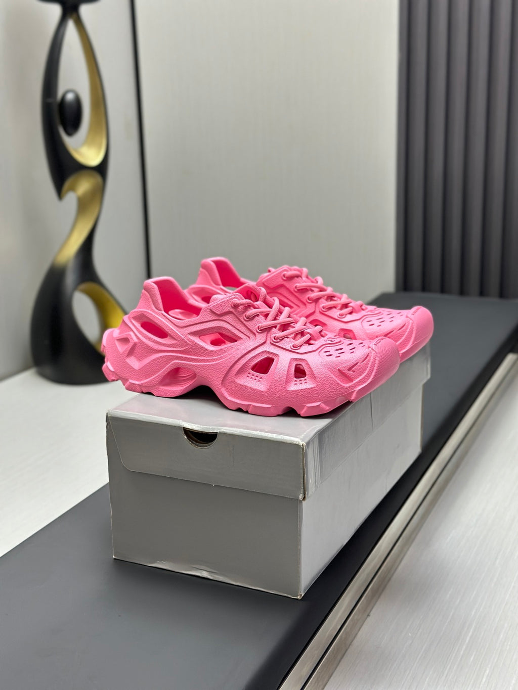 Balenciaga pink lace-up chunky sandals on box, side view with thick platform sole