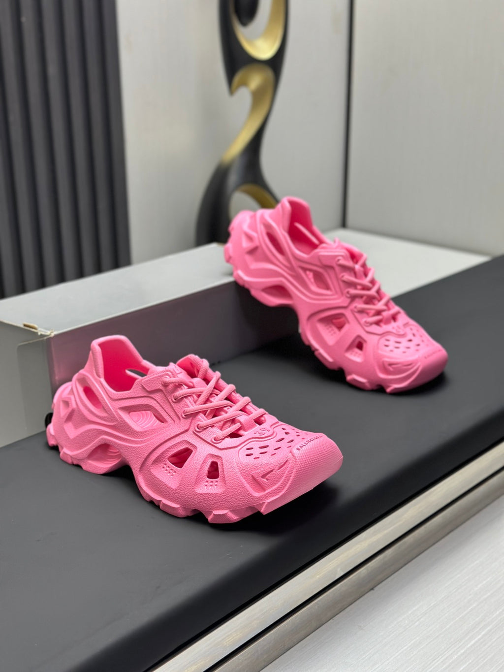 Balenciaga pink lace-up chunky sandals, front angle showing cutouts and visible laces