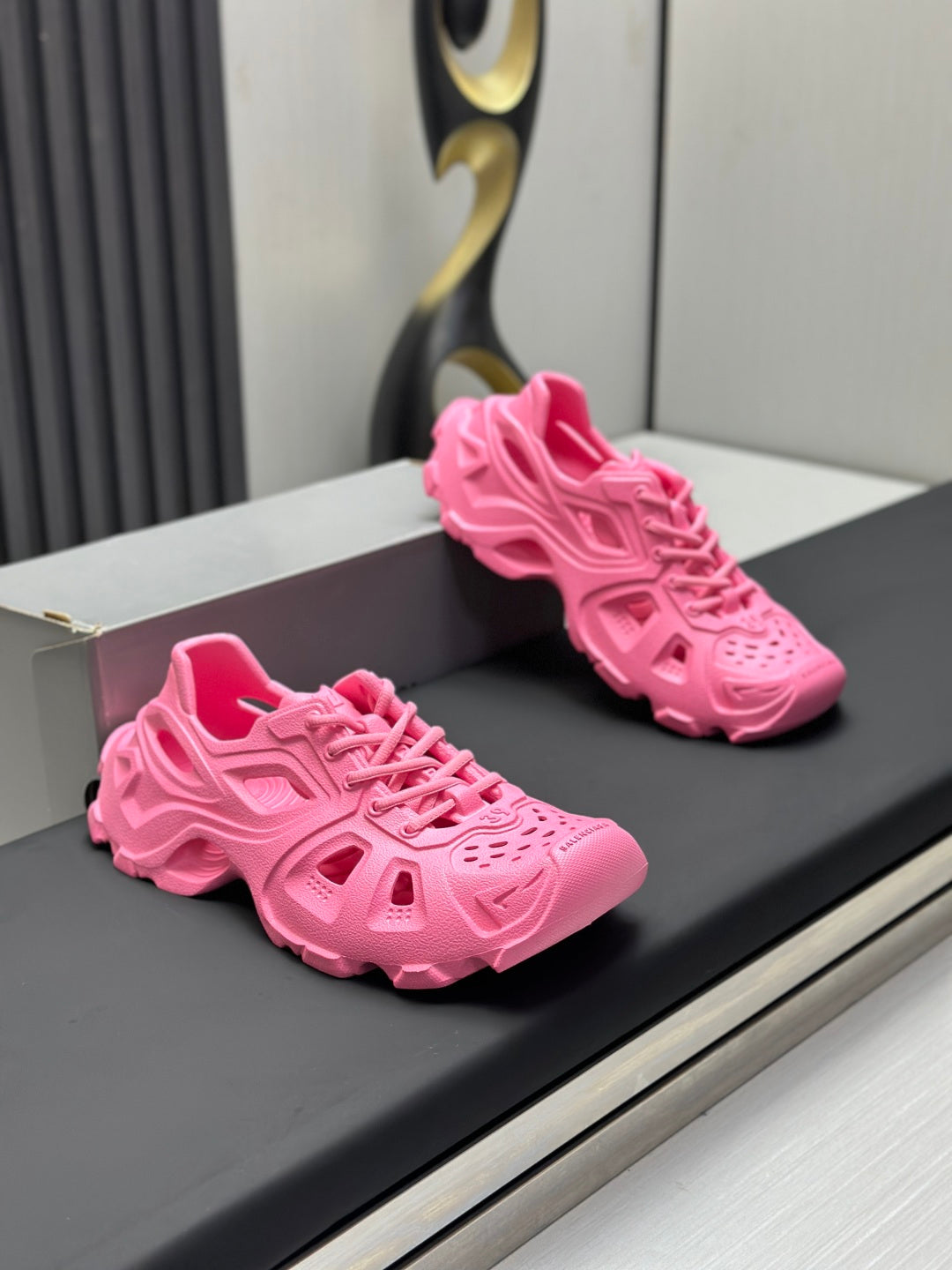 Balenciaga pink lace-up chunky sandals, front angle showing cutouts and visible laces