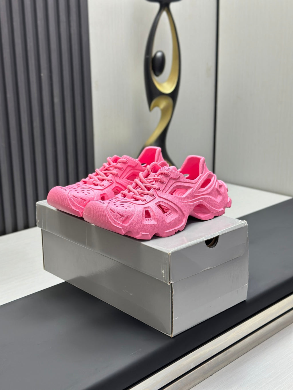 Balenciaga pink lace-up chunky sandals with openwork upper and perforated toe