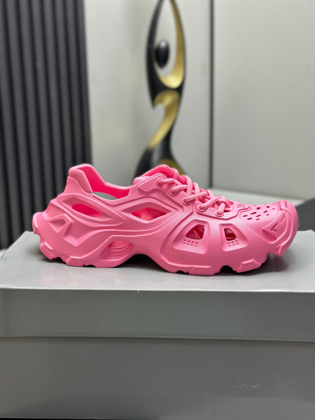 Balenciaga pink lace-up chunky sandals, side profile with thick sole and openwork cutouts